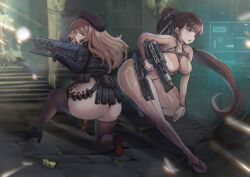 2girls absurdres ass ass_focus black_dress blush bodysuit breasts brown_eyes brown_hair bullet chascoby closed_mouth dress eve_(stellar_blade) eyebrows_hidden_by_hair eyeshadow goddess_of_victory:_nikke gun hat high_heels high_ponytail highres holding holding_gun holding_weapon large_breasts long_hair looking_at_viewer machine_gun makeup military_hat military_uniform multiple_girls open_mouth orange_eyeshadow ponytail rapi_(nikke) ruins short_bangs short_dress stellar_blade thighhighs thighs turtleneck turtleneck_bodysuit very_long_hair weapon