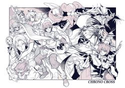4girls 6+boys absurdres bandana chrono_cross dark_serge_(chrono_cross) domino_mask finger_to_mouth furry furry_male glenn_(chrono_cross) guile_(chrono_cross) harle_(chrono_cross) harlequin hat highres holding holding_sword holding_weapon irenes_(chrono_cross) jester_cap kid_(chrono_cross) leena_(chrono_cross) lynx_(chrono_cross) mask mermaid miguel_(chrono_cross) mojo_(chrono_cross) monochrome monster_girl multiple_boys multiple_girls nikki_(chrono_cross) serge_(chrono_cross) shiosato_jun sword straw_doll weapon