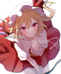 1girl bent_over blonde_hair blush commentary_request flandre_scarlet hat hiwokawa holding holding_staff medium_hair mob_cap pointy_ears red_eyes red_shirt red_skirt shirt side_ponytail simple_background skirt solo staff touhou white_background white_hat