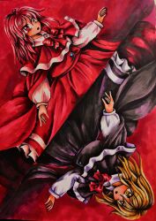 2girls absurdres alternate_color black_cape black_capelet black_cloak black_vest blonde_hair bow bowtie cape capelet cloak dress dual_persona highres long_sleeves medium_hair multiple_girls okazaki_yumemi okazaki_yumemi_(alternate) peugeot207 player_2 red_background red_cape red_capelet red_dress red_eyes red_hair ribbon touhou touhou_(pc-98) vest white_sleeves yellow_eyes