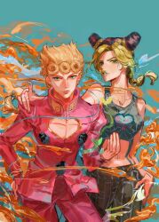 1boy 1girl black_hair blonde_hair blue_eyes bracelet braid breasts bug clothing_cutout cone_hair_bun crop_top curly_hair double_bun earrings empehjwyicxivtd giorno_giovanna gold_bracelet green_eyes green_hair green_lips hair_bun highres insect jewelry jojo_no_kimyou_na_bouken kuujou_jolyne ladybug ladybug_ornament long_sleeves multicolored_hair pants pink_pants pink_shirt shirt single_braid spider_web_print stud_earrings