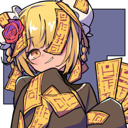 1girl an_apple_akaao blonde_hair blue_background border don_quixote_(project_moon) double_bun e.g.o_(project_moon) flower hair_bun holding limbus_company looking_at_viewer one_eye_covered project_moon red_flower red_rose red_sheet_(e.g.o) rose simple_background smile solo talisman upper_body white_border yellow_eyes