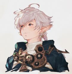 1boy alphinaud_leveilleur blue_eyes blue_jacket closed_mouth cropped_torso earrings elezen elf final_fantasy final_fantasy_xiv hutaba_0718 jacket jewelry light_smile long_pointy_ears looking_ahead low_ponytail male_focus parted_bangs piercing pointy_ears ponytail shirt simple_background single_earring solo turtleneck white_background white_hair white_shirt