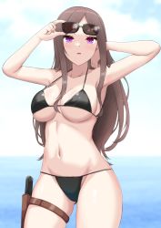 Rule 34 | 1girl, adjusting eyewear, adjusting hair, armpits, bikini, black bikini, breasts, brown hair, cleavage, dorothy (princess principal), halterneck, highres, large breasts, long hair, navel, ocean, princess principal, purple eyes, skindentation, solo, strap gap, string bikini, sunglasses, swimsuit, thigh sheath, underboob, yuuki (fehr2487)