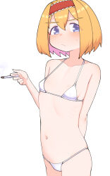 Rule 34 | 1girl, alice margatroid, bikini, blonde hair, blue eyes, blush, breasts, cigarette, closed mouth, cookie (touhou), frilled hairband, frills, hair between eyes, hairband, highres, holding, holding cigarette, looking at viewer, navel, pyukasshori, red hairband, short hair, simple background, small breasts, solo, swimsuit, taisa (cookie), touhou, white background, white bikini