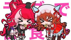 Rule 34 | &gt; &lt;, 2girls, animal ears, blunt bangs, blush, breasts, brown hair, chibi, cleavage, closed mouth, collarbone, commentary request, detached sleeves, ejima trainer (ejima rio27), full body, hair ornament, horse ears, horse girl, horse tail, long hair, loves only you (umamusume), multiple girls, parody, red hair, still in love (umamusume), tail, thighhighs, umamusume, veil, whistle, white background