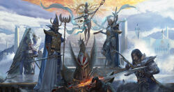 1girl 5boys absurdres alarielle_the_radiant alith_anar_(warhammer) armor armored_boots artist_request black_hair blonde_hair boots bow_(weapon) breastplate breasts cape closed_mouth elbow_gloves elf eltharion_(warhammer) fire flaming_sword flaming_weapon floating full_body gauntlets gloves greaves high_elves_(warhammer_fantasy) highres holding holding_bow_(weapon) holding_polearm holding_staff holding_sword holding_weapon long_hair long_sleeves looking_at_viewer mage_staff multiple_boys pauldrons pointy_ears polearm prince_imrik shoulder_armor sky staff standing sword teclis_(warhammer) total_war:_warhammer total_war:_warhammer_2 tower tyrion_(warhammer) vambraces very_long_hair warhammer_fantasy weapon