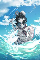 black_hair blue_sky cloud green_eyes hat highres holding holding_ladle holding_swim_ring innertube ladle medium_hair midriff mini_hat mitsusame murasa_minamitsu navel neckerchief pale_skin red_neckerchief shirt skirt sky sleeveless sleeveless_shirt smile swim_ring touhou water white_hat white_shirt white_skirt