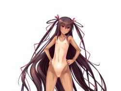 Rule 34 | 1girl, aoi nagisa (metalder), black hair, black lilith, blush, collarbone, completely nude, curvy, female focus, fingernails, flat chest, game cg, groin, hair between eyes, hair ribbon, hands on own hips, head tilt, long hair, looking at viewer, mizuki yukikaze, navel, nipples, no pussy, nude, pink eyes, ribbon, shiny skin, sidelocks, simple background, slit pupils, solo, standing, tachi-e, taimanin (series), taimanin yukikaze, tan, tanline, thighs, twintails, two side up, very long hair, white background, wide hips
