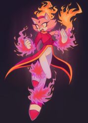 1girl blaze_the_cat boots burning_blaze coat coattails commentary english_commentary fangs fiery_hair fiery_tail fire flaming_hand forehead_jewel full_body gloves highres jacket minxinq pants pink_boots pink_coat pink_fur ponytail red_jacket solo sonic_(series) sonic_rush tail white_gloves white_pants yellow_eyes