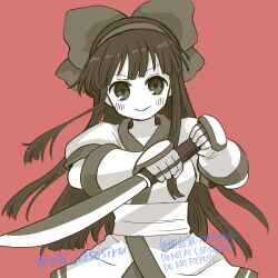 1girl ainu_clothes artist_name black_hair breasts fighting_stance fingerless_gloves gloves highres long_hair medium_breasts monochrome nakoruru samurai_spirits smile snk solo the_king_of_fighters weapon