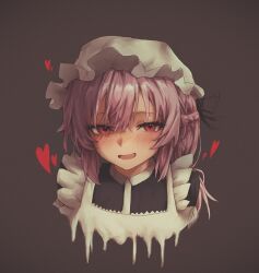 1girl apron black_ribbon black_shirt black_souls black_souls_2 blush braid collared_shirt dripping frilled_sleeves frills grey_background hair_over_eyes happy highres looking_at_viewer maid_apron maid_headdress medium_hair nose open_mouth pink_hair red_eyes ribbon shirt side_braid sidelocks simple_background smile solo victoria_(black_souls) wrangelina