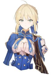 1girl ahoge artoria_pendragon_(fate) blonde_hair blue_dress closed_mouth cropped_torso dress fate/stay_night fate_(series) green_eyes honkai:_star_rail honkai_(series) looking_at_viewer lpip official_alternate_costume saber_(fate) saber_(honkai:_star_rail)_(fate) short_hair simple_background solo white_background