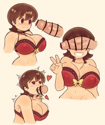 Rule 34 | 1boy, 1girl, aioi yuuko, bar censor, bow, bra, breasts, brown hair, censored, choker, cleavage, cropped torso, cum, cum in mouth, disembodied penis, dozo gon, fellatio, from side, hand up, heart, heart-shaped pupils, hetero, highres, huge breasts, multiple views, navel, nichijou, oral, penis, penis on face, penis over eyes, purple choker, purple eyes, red bra, short hair, simple background, symbol-shaped pupils, teeth, underwear, v, veins, veiny penis, yellow background, yellow bow