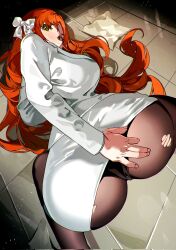 Rule 34 | 1girl, ass, ass focus, bow, bowtie, brown pantyhose, freckles, from behind, green eyes, highres, ishmael (project moon), limbus company, long hair, looking at viewer, orange hair, pantyhose, project moon, solo, torn clothes, torn pantyhose, white bow, white bowtie, wide hips, yongsadragon