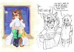 Rule 34 | 2girls, absurdres, agnes tachyon (umamusume), ahoge, animal ears, arm behind back, bandeau, black boots, blush, boots, borrowed clothes, brown hair, chest bow, clenched teeth, collarbone, commentary, crossed bangs, ear ornament, embarrassed, english text, full body, green socks, hair between eyes, hair ornament, hairclip, highres, horse ears, horse girl, huge ahoge, jungle pocket (umamusume), lab coat, lairu, multiple girls, notched ear, partially colored, peeking, short hair, sitting, sleeves past fingers, sleeves past wrists, smile, smug, socks, speech bubble, sweater vest, teeth, umamusume, umamusume: beginning of a new era, undressing, yellow eyes, yuri