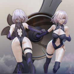 1girl 3d ass backboob bare_shoulders black_leotard black_thighhighs breasts cleavage clothing_cutout commentary_request covered_erect_nipples eyes_visible_through_hair fate/grand_order fate_(series) gloves hair_over_one_eye highleg highleg_leotard highres large_breasts leotard leslyzerosix lips looking_at_viewer mash_kyrielight mash_kyrielight_(demi-servant) multiple_views navel navel_cutout parted_lips purple_eyes purple_gloves purple_hair shield shiny_skin short_hair skin_tight skindentation thigh_strap thighhighs
