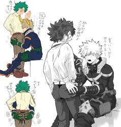 2boys aged_up ass bakudeku bakugou_katsuki boku_no_hero_academia bones_(company) curly_hair eeeee0527098 freckles grabbing_another&#039;s_ass green_hair groping highres huge_ass messy_hair midoriya_izuku multiple_boys scar shounen_jump spiked_hair superhero_costume teacher yaoi