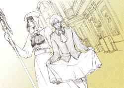 2boys axe bad_id bad_pixiv_id battle_axe berserker_(fate/zero) command_spell cosplay fate/zero fate_(series) hat illyasviel_von_einzbern illyasviel_von_einzbern_(cosplay) iuko leysritt_(fate) leysritt_(fate)_(cosplay) matou_kariya monochrome multiple_boys skirt_hold spoilers weapon