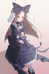 1girl absurdres alternate_costume animal_ears black_bow black_bowtie black_dress black_gloves black_shoes blunt_ends bow bowtie brown_hair character_doll chibigurumi commentary_request dress gakuen_idolmaster gloves hair_bow heart highres idolmaster kuramoto_china large_bow lolita_fashion looking_at_viewer lop_rabbit_ears parted_bangs rabbit_ears shishi_sakana shoes smile solo straight_hair teeth upper_teeth_only