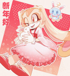 1girl 1other alternate_costume animal_ears chao_(sonic) cheese_(sonic) child chinese_clothes chinese_zodiac commentary cream_the_rabbit dress felichiii furry furry_and_animal furry_female gloves highres neutral_chao one_eye_closed open_mouth rabbit rabbit_ears rabbit_girl red_sandals sandals smile solo_focus sonic_(series) translation_request white_gloves wide_sleeves year_of_the_rabbit yellow_eyes