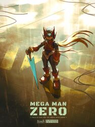 Rule 34 | 1boy, android, armor, blonde hair, energy sword, forehead jewel, helmet, highres, korokor59513559, long hair, mega man (series), mega man zero (series), noinoichebura, ponytail, red armor, standing, sword, watermark, weapon, z saber, zero(z) (mega man), zero (mega man)