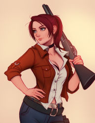 Rule 34 | 1girl, belt, belt buckle, black bra, blue eyes, bra, breasts, brown hair, buckle, capcom, choker, claire redfield, cleavage, cowboy shot, denim, double-barreled shotgun, eyebrows, eyelashes, female focus, gradient background, gun, hand on own hip, holster, jacket, jeans, lips, long hair, multiple-barrel gun, multiple belts, nose, over shoulder, pants, ponytail, resident evil, resident evil: revelations 2, shirt, shotgun, side-by-side-barreled shotgun, sleeves pushed up, solo, tsuaii, underwear, weapon, weapon over shoulder