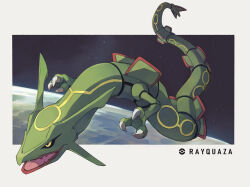 black_sclera character_name claws colored_sclera dragon earth_(planet) fangs flying full_body gen_3_pokemon kyanos1145 legendary_pokemon monster monster_focus nintendo no_humans open_mouth planet pokemon pokemon_(creature) rayquaza scales space tongue yellow_eyes
