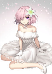 1girl bare_shoulders breasts collarbone curvy dress ells fate/grand_order fate_(series) flower full_body gloves hair_flower hair_ornament hair_over_one_eye looking_at_viewer mash_kyrielight original pink_hair pleated_skirt purple_eyes shoes short_hair simple_background sitting skirt sleeveless sleeveless_dress smile solo strapless strapless_dress thighs white_background white_dress white_flower white_gloves white_shoes