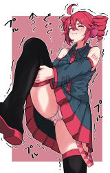 1girl :t ahoge arm_up armpit_crease belt black_skirt black_sleeves black_thighhighs blush boots border breast_pocket buttons closed_eyes collared_shirt detached_sleeves drill_hair feet_out_of_frame hair_between_eyes headphones headset highres holding_own_leg kasane_teto kasane_teto_(utau) long_sleeves michihirogswr microphone number_tattoo panties pink_panties platform_boots pleated_skirt pocket pout red_background red_belt red_hair red_skirt red_tattoo shirt shoulder_tattoo skindentation skirt sleeveless sleeveless_shirt solo stretching striped_clothes striped_panties tattoo tears thigh_boots thighhighs twin_drills two-tone_panties underwear utau white_border white_panties wing_collar