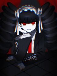1girl black_hair black_jacket celestia_ludenberg danganronpa:_trigger_happy_havoc danganronpa_(series) drill_hair jacket long_hair long_sleeves necktie open_clothes open_jacket red_eyes red_necktie shirt smile solo twin_drills twintails uki_(user_kejp3257) white_headdress white_shirt