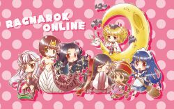 6+girls :3 :d alice_(ragnarok_online) animal animal_on_head apron black_cat black_kimono black_leotard blonde_hair blue_dress blue_hair blush breasts broom brown_eyes brown_hair cat cat_on_head chibi chibi_only cleavage closed_eyes closed_mouth commentary_request copyright_name demon_girl dress full_body hair_ornament hair_stick half_mask hanbok hat headpiece holding holding_broom holding_whip isis_(ragnarok_online) japanese_clothes jiangshi juliet_sleeves kimono korean_clothes lamia leotard loli_ruri long_hair long_sleeves looking_at_another looking_at_viewer maid maid_headdress mask medium_breasts miyabi_doll monster_girl multiple_girls munak navel obi ofuda on_crescent on_head open_mouth pink_background pointy_ears polka_dot polka_dot_background poporing poring puffy_sleeves rabbit ragnarok_online red_hat sash short_hair sitting slime_(creature) smile sohee standing stepped_on tachibana_sakuya_(matsurika) white_apron white_hanbok wide_sleeves zealotus