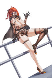 1girl absurdres against_railing black_cape black_skirt blue_eyes breasts cape cleavage highres large_breasts leotard long_hair mask microskirt mouth_mask nipples qingmingtongzi railing red_hair short_hair simple_background single_thighhigh skirt smile snowbreak:_containment_zone solo tess_kotkin thighhighs waving white_background
