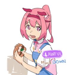 Rule 34 | 1girl, animal ears, blue overalls, burger, ear covers, english text, fikkyun, food, gameplay mechanics, hair between eyes, haru urara (umamusume), headband, holding, holding burger, holding food, horse ears, horse girl, open mouth, overalls, pickle, pink eyes, pink hair, ponytail, shirt, short sleeves, simple background, solo, tears, umamusume, white background