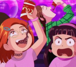 1990s_(style) 4girls abby_(turning_red) animification black_hair brenni_murasaki brown_eyes brown_hair dark-skinned_female dark_skin drinking earrings glasses holding jewelry long_hair meilin_lee ming_lee multiple_girls open_mouth priya_(turning_red) red_hair retro_artstyle shirt short_hair smile soda_bottle turning_red