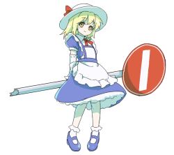 1girl apron blonde_hair blue_dress blue_shoes bobby_socks commentary_request dress elbow_gloves frilled_apron frilled_dress frills full_body gloves happy hat hat_ribbon itani_illust kana_anaberal looking_at_viewer mary_janes medium_hair neck_ribbon no_entry_sign red_ribbon ribbon road_sign shoes sign simple_background smile socks solo standing sun_hat touhou touhou_(pc-98) white_apron white_background white_gloves white_hat white_socks yellow_eyes