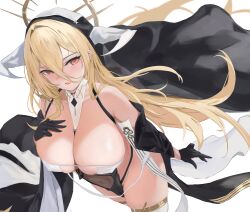 1girl azur_lane bare_shoulders between_breasts black_gloves blonde_hair blush breast_cutout breasts chunchilin covered_erect_nipples covered_navel dress gloves habit hair_between_eyes half_gloves highres horns huge_breasts implacable_(azur_lane) large_breasts long_bangs long_hair looking_at_viewer nun open_mouth pelvic_curtain red_eyes revealing_clothes shirt_slip simple_background solo thighhighs two-tone_dress veil very_long_hair white_background white_horns white_thighhighs