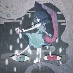 1girl ahoge blue_eyes blue_hair blue_skirt blue_vest disembodied_eye full_body geta grey_background hashtag-only_commentary heterochromia highres juliet_sleeves karakasa_obake long_sleeves looking_at_viewer monge_hmd puffy_sleeves purple_sandals purple_umbrella rain red_eyes sandals shirt short_hair skirt solo tatara_kogasa tongue touhou umbrella vest white_shirt