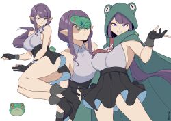 Rule 34 | 1girl, absurdres, ajeng (mawaridi), animal hood, animal on face, black shoes, black skirt, blue eyes, breasts, closed mouth, elf, frog, frog hood, high heels, highres, hood, large breasts, long hair, mawaridi, original, pointy ears, purple hair, shoes, skirt, smile, solo, very long hair, white background