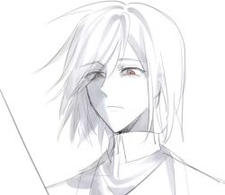 Rule 34 | 1boy, brown eyes, closed mouth, collared shirt, commentary, eyes visible through hair, frown, greyscale, harada mutei, jacket, kaze (yznyttdgs), male focus, monochrome, open clothes, open jacket, portrait, saibou shinkyoku, shirt, short hair, simple background, sketch, solo, spot color, swept bangs, symbol-only commentary, vest, white background