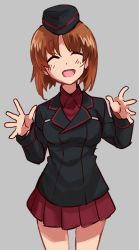Rule 34 | 10s, 1girl, black hat, black jacket, brown eyes, brown hair, closed eyes, commentary, cowboy shot, dress shirt, female focus, garrison cap, girls und panzer, grey background, hat, jacket, kuromorimine military uniform, long sleeves, military, military hat, military uniform, miniskirt, nishizumi miho, oono imo, open mouth, pleated skirt, red shirt, red skirt, shirt, short hair, simple background, skirt, smile, solo, standing