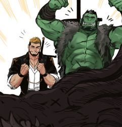2boys abs bara bare_pectorals beard blush colored_skin dopey_(dopq) dragon facial_hair fangs fantasy green_skin happy highres jumping large_pectorals male_focus mature_male monster_boy multiple_boys muscular muscular_male nipples orc original paid_reward_available pectorals scar scar_across_eye scar_on_arm scar_on_chest scar_on_face scar_on_nose short_hair size_difference sleeves_rolled_up stomach sword sword_on_back thick_eyebrows upper_body warrior weapon weapon_on_back x_x
