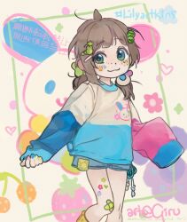 1girl 2025 artist_name bandaid bandaid_on_knee bandaid_on_leg blue_eyes freckles girutea green_shirt hood hoodie indie_virtual_youtuber japanese_text lily_hopkins loli long_sleeves rainbow_nails shirt solo standing yellow_sock