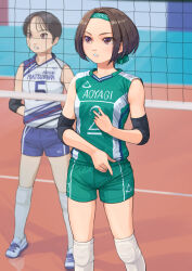 2girls arms_behind_back brown_eyes brown_hair elbow_sleeve green_hairband hairband highres indoors knee_guards multiple_girls original otsu_natsu shirt shoes short_hair shorts sleeveless sleeveless_shirt sneakers sportswear standing volleyball volleyball_net