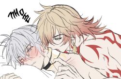 2boys antenna_hair arm_tattoo back_tattoo biting black_choker blonde_hair blush choker commentary_request earrings gold_earrings gradient_hair hair_between_eyes honkai:_star_rail honkai_(series) imminent_bite jewelry korean_commentary mabugeki_dubu male_focus medium_hair multicolored_hair multiple_boys mydei_(honkai:_star_rail) neck_biting neck_tattoo necklace one_eye_closed phainon_(honkai:_star_rail) red_hair short_hair simple_background sun_symbol sun_tattoo sweatdrop tan tattoo topless_male white_background white_hair yaoi yellow_eyes