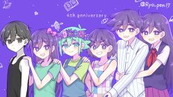 2girls 4boys :d anniversary antenna_hair aqua_eyes aubrey_(headspace)_(omori) aubrey_(omori) bare_arms bare_shoulders basil_(headspace)_(omori) basil_(omori) behind_another black_eyes black_hair black_tank_top blue_overalls blush bow bright_pupils brother_and_sister brothers buttons checkered_clothes checkered_shirt closed_mouth collarbone collared_shirt colored_skin commentary double-parted_bangs expressionless flower flower_wreath green_hair green_shirt grin hair_behind_ear hair_between_eyes hair_bow hand_on_own_hip hands_on_another&#039;s_shoulders head_wreath hero_(headspace)_(omori) hero_(omori) highres hug hug_from_behind kel_(headspace)_(omori) kel_(omori) long_hair long_sleeves looking_at_viewer mari_(headspace)_(omori) mari_(omori) multiple_boys multiple_girls neckerchief omori omori_(omori) open_mouth outdoors overalls pale_skin pants pink_bow pink_flower pink_rose purple_eyes purple_flower purple_hair purple_rose purple_sky purple_sweater_vest raised_inner_eyebrows red_neckerchief rose ryo_pen17 shirt short_hair short_sleeves siblings sky sleeveless sleeveless_shirt smile straight_hair striped_clothes striped_pants striped_shirt sweater_vest symbol-only_commentary tank_top teeth twitter_username upper_body upper_teeth_only v-shaped_eyebrows vertical-striped_clothes vertical-striped_pants vertical-striped_shirt very_long_hair very_short_hair white_pants white_pupils white_shirt white_skin