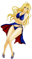 1girl absurdres ahoge bare_shoulders bikini blonde_hair blue_bikini blue_eyes blue_sandals blue_sarong breasts cleavage closed_mouth collarbone commentary crossed_arms curly_hair derivative_work frown full_body hair_between_eyes hair_intakes highres kina_asuki knees_together_feet_apart large_breasts long_bangs long_hair navel o-ring o-ring_bikini o-ring_bottom o-ring_top pink_lips sandals sarong sekirei simple_background solo string_bikini swimsuit thighs_together toenails tsukiumi two-sided_fabric white_background