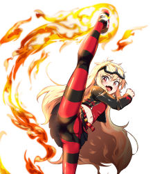 1girl belt black_jacket blonde_hair blush fang female_focus fire flame_print flat_chest goggles goggles_on_head hair_between_eyes high_kick highres jacket kicking kneepits last_origin long_hair long_sleeves looking_at_viewer midriff miniskirt navel open_clothes open_jacket open_mouth p-24_pinto pantyhose pleated_skirt red_belt red_eyes shoes skirt sneakers solo spikes split standing standing_on_one_leg standing_split striped_clothes striped_pantyhose thighs ubo_(dbsgurdbsk) very_long_hair zipper_pull_tab