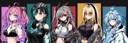 5girls absurdres ahoge beret black_hair blonde_hair blue_eyes blue_hair braid breasts chabosuke873 choker earrings flow_glow_(hololive) green_eyes green_hair hair_ornament hairclip hat highres hololive hololive_dev_is hood hooded_jacket isaki_riona jacket jewelry kikirara_vivi koganei_niko large_breasts lightning_ahoge long_hair medium_breasts midriff mizumiya_su multicolored_hair multiple_girls navel o-ring o-ring_choker one_side_up pink_hair purple_hair red_eyes rindo_chihaya streaked_hair twin_braids virtual_youtuber