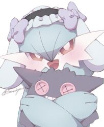 blush bow colored_skin gardevoir gen_1_pokemon gen_3_pokemon gengar green_skin hugging_doll hugging_object multicolored_skin narumiya_pkmn nintendo open_mouth pink_eyes pokemon pokemon_(creature) purple_bow signature simple_background smile stuffed_toy two-tone_skin white_background white_skin